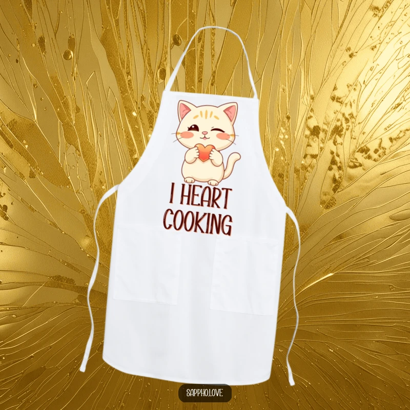 Funny cat apron, depicting a winking feline chef presenting a glowing heart with a playful paw, ready for culinary delights.