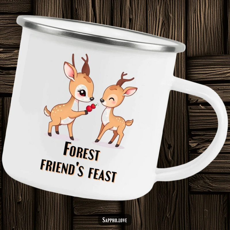 Funny camping mug with a gentle deer with soft eyes offering a berry to another deer.