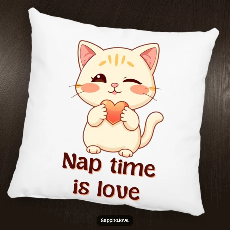 Funny cat pillow, a plush accent showing a charming winking feline offering a warm, glowing heart with its paw, perfect for cuddling.