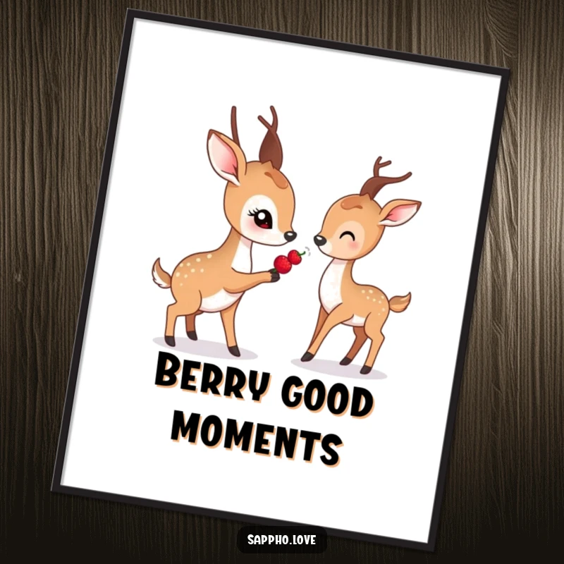 Funny digital art print of a gentle deer with soft eyes offering a berry to another deer.