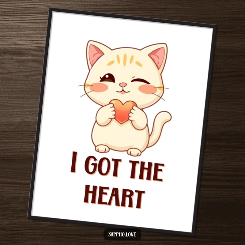 Funny cat digital art print, capturing a mischievous winking feline extending a luminous heart with its paw, perfect for digital display.