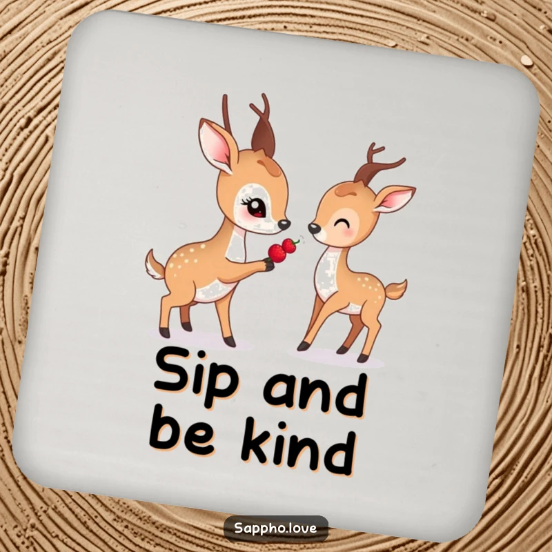 Funny drink coaster showing a gentle deer with soft eyes offering a berry to another deer.