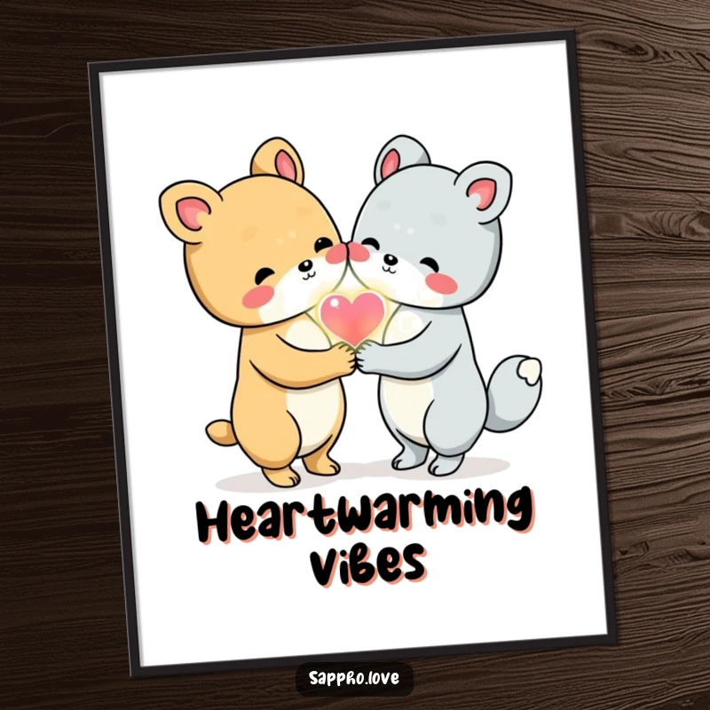 Funny Animal Friends Poster depicting two cute animals holding hands and sharing a glowing heart, perfect for heartwarming decor.