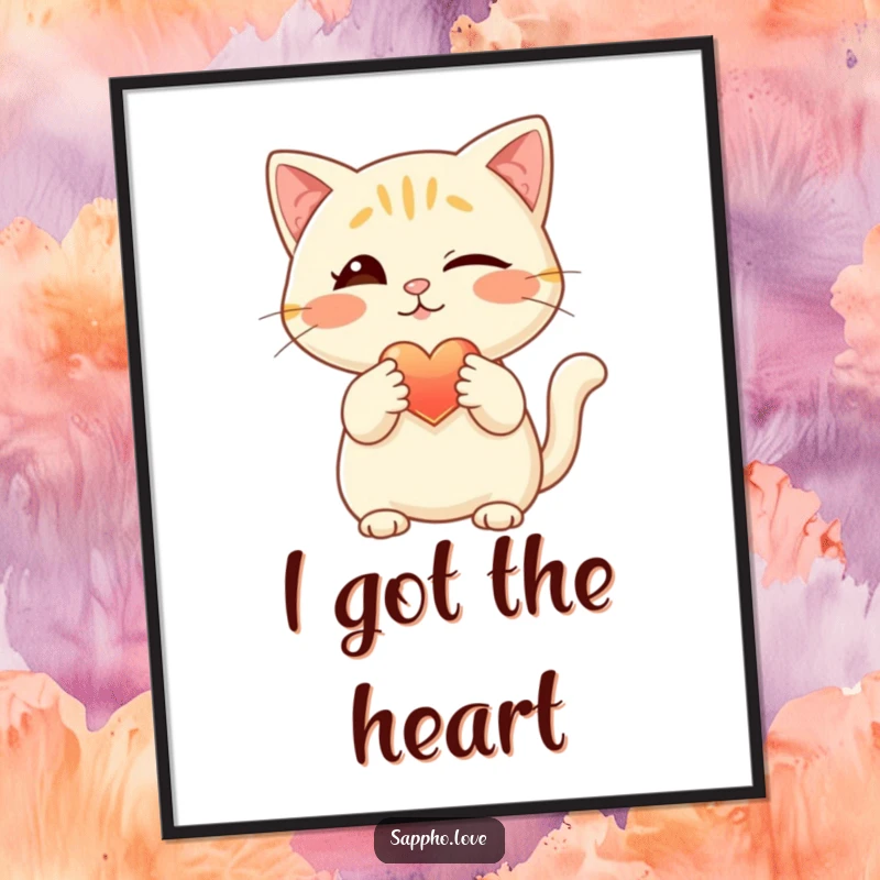 Funny cat art poster, showcasing a slyly winking feline extending a luminous heart with its paw, a piece of playful romantic art.
