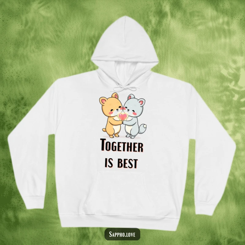 Funny Animal Friends Hoodie depicting two cute animals holding hands and sharing a glowing heart, offering warmth and friendship.
