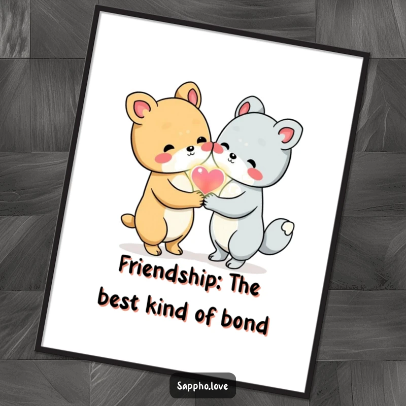 Funny Free Printable Wall Art: Two cute animal friends hold hands, sharing a bright, glowing heart symbolizing friendship.