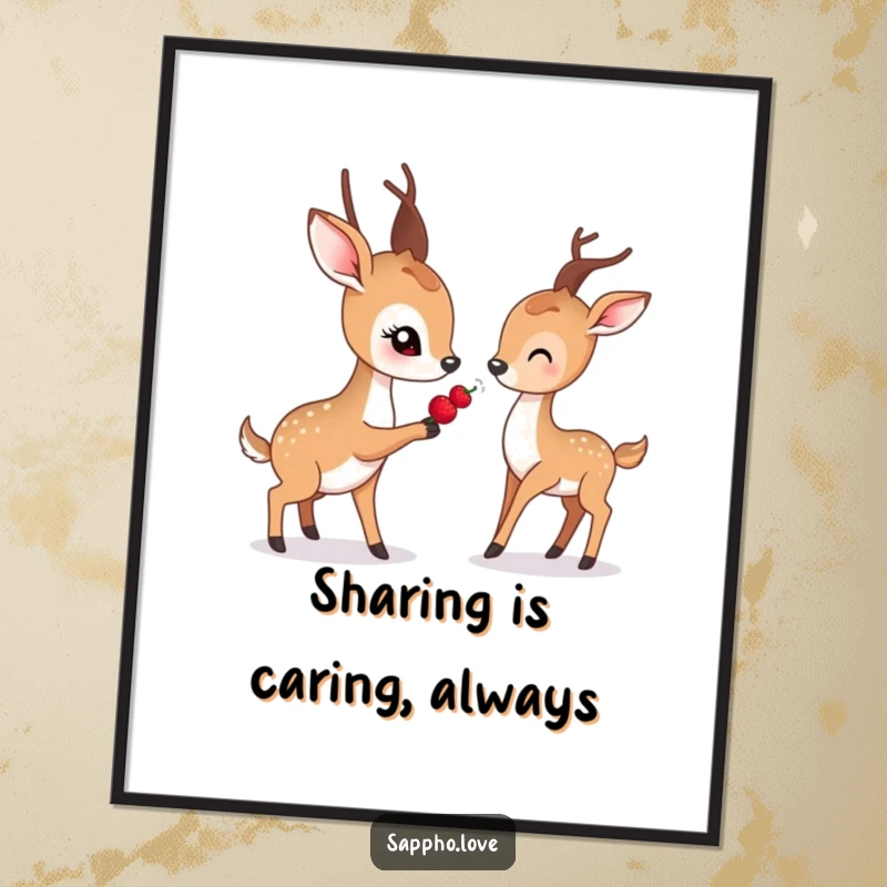 Funny Free Printable Wall Art: A gentle deer with soft, kind eyes offers a juicy berry to another deer.