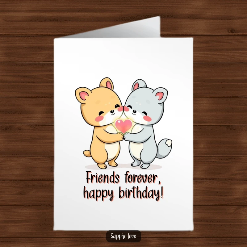 Funny Free Printable Birthday Card: Cute animal friends share a glowing heart, celebrating friendship on a birthday.