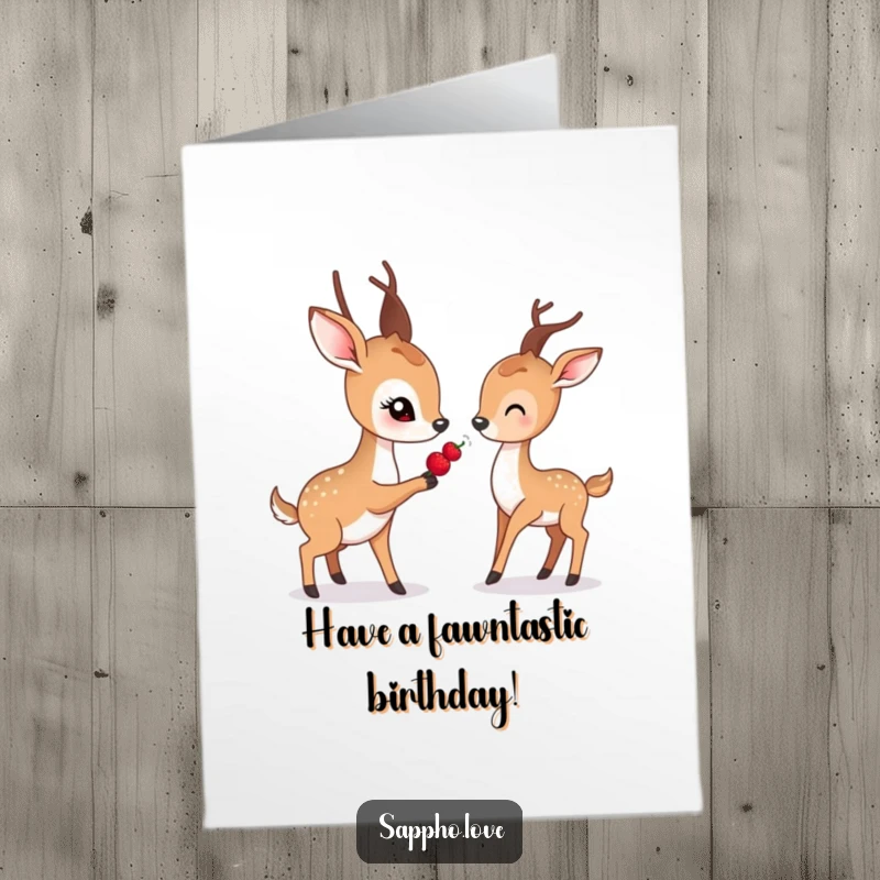 Funny Free Printable Birthday Card: A gentle deer with soft eyes offers a berry to a companion deer.
