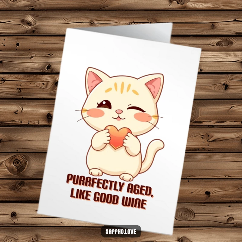 Funny Free Printable Birthday Card: A winking cat cheekily offers a glowing heart with its paw, spreading love.