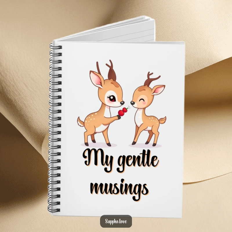 Funny notebook cover with a gentle deer with soft eyes offering a berry to another deer.