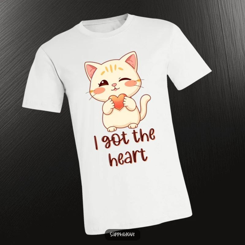Funny cat t-shirt, depicting a mischievous winking feline holding out a luminous heart with its paw, a symbol of playful love.