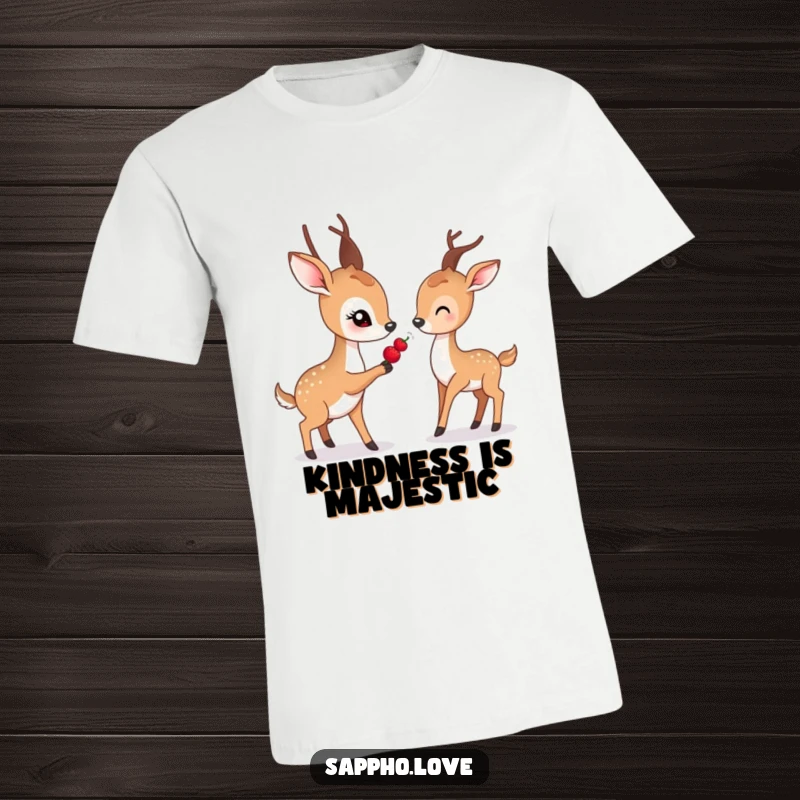 Funny t-shirt with a gentle deer with soft eyes offering a berry to another deer.