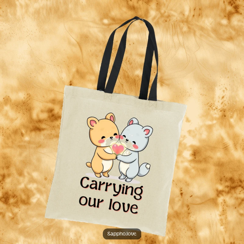 Funny Animal Friends Tote Bag showing two cute animals holding hands and sharing a glowing heart, a symbol of love.